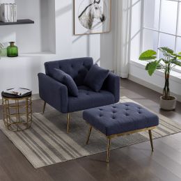 36.61'' Wide Modern Accent Chair With 3 Positions Adjustable Backrest, Tufted Chaise Lounge Chair, With Ottoman And Gold Legs (Navy)