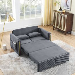 Luxury 3-in-1 Convertible Sleeper Sofa Bed Couch, 55" Pull Out Couch, Grey Velvet Loveseat Futon Bed with 2 Pillows and Storage Bags