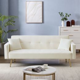 Cream White Velvet Convertible Folding Futon Sofa Bed , Sleeper Sofa Couch for Compact Living Space.