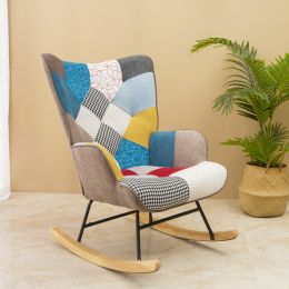 Rocking Chair, Mid Century Fabric Rocker Chair with Wood Legs and Patchwork Linen