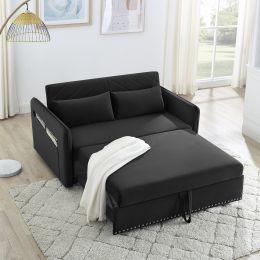 Pull-out sofa sleeper, 3-in-1 adjustable sleeper with pull-out bed, 2 lumbar pillows and side pocket, soft velvet convertible sleeper sofa bed