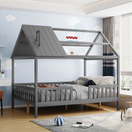 Full Size Wood House Bed with Fence; Gray