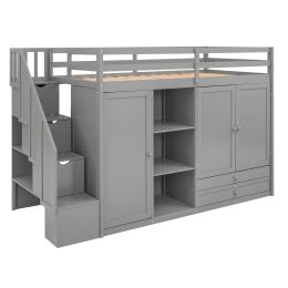 Functional Loft Bed with 3 Shelves; 2 Wardrobes and 2 Drawers; Ladder with Storage; No Box Spring Needed; Gray