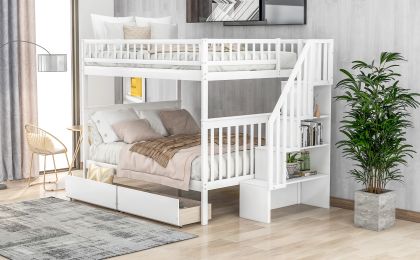 Full over Full Bunk Bed with Two Drawers and Storage; White