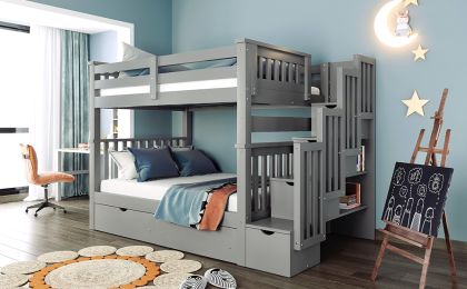 Full Over Full Bunk Bed with Shelves and 6 Storage Drawers; Gray(Old SKU: LP000046AAE)